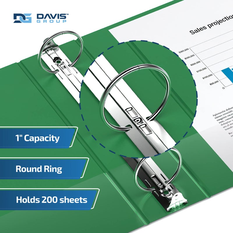 Davis Group مجلدات Easyview Premium ذات 3 حلقات مع أغطية شفافة وحلقات دائرية، مجلدات للمدرسة أو المكتب، 1 بوصة، عبوة من 6 قطع، أخضر - Image 2